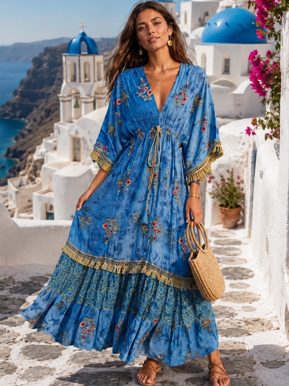 Embroidered Blue Boho Maxi Dress with Tie-Waist